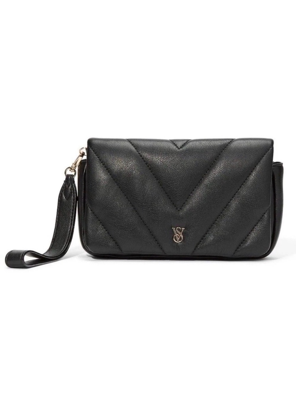 Victoria Secret black quilted clutch wristlet zip closure logo
